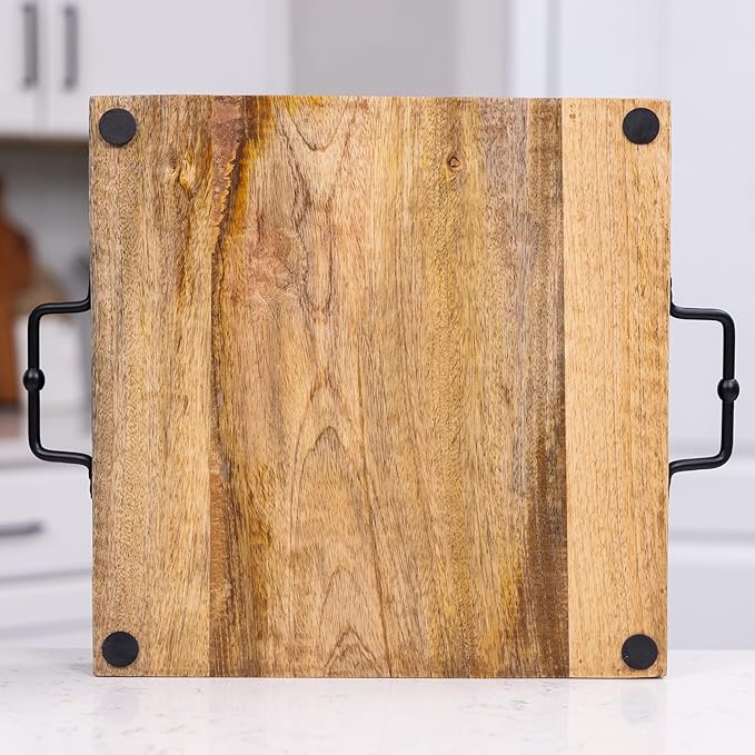 16"x16" Large Square Ottoman Tray, Heavy Duty Mango Wood, for Serving Tea, Breakfast in Bed, Living Room Large Coffee Table Tray Rustic with Farmhouse Style, Decorative Handles and Accent Strap