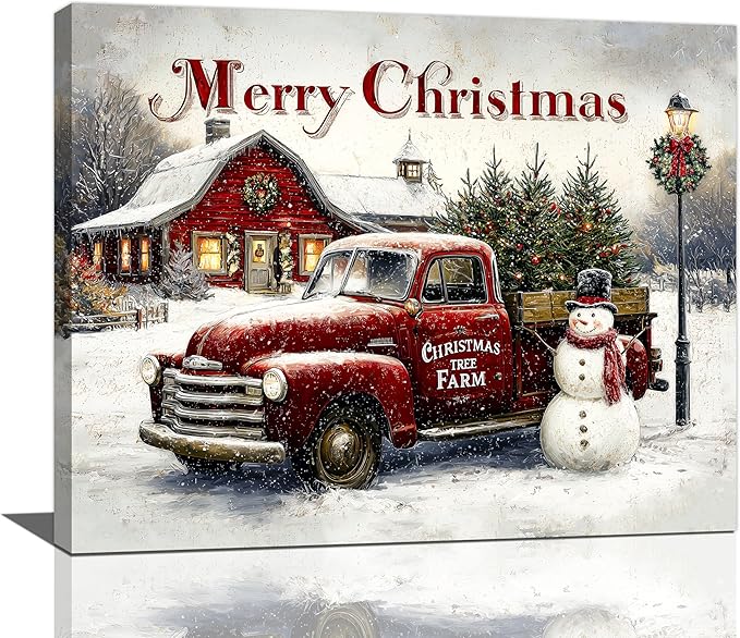 Christmas Pick-Up Truck Wall Art Christmas Tree Canvas Wall Decor Farm Barn Pictures Paintings Prints Snowman Artwork Framed Winter Holidays Decorations For Bathroom Bedroom Living Room Office Gifts 20" x 16"