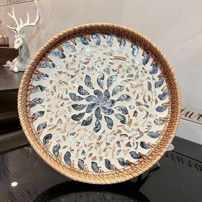 14" Large Rattan Serving Tray with Mother of Pearl, Round Coffee Table Tray Decor, Boho Decorative Hand-Woven Wicker Home Decor (Lucky Flower)