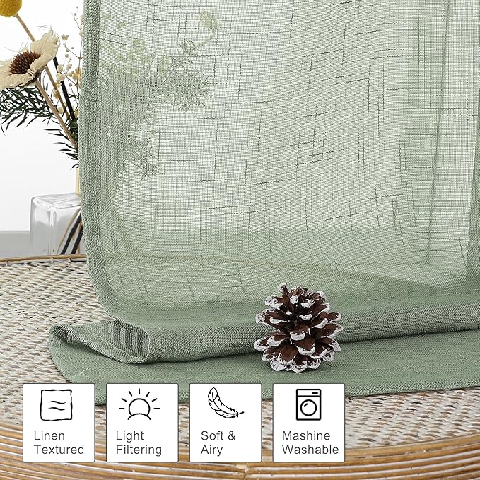 Aiyufeng Kirei Sage Green Kitchen Sheer Valance Curtains 14 Inch Length, Voile Linen Sheer Cafe Curtains for Bathroom Farmhouse Country Light Filtering Short Window Curtain 1 Panel(Green, 60 W x 14 L)