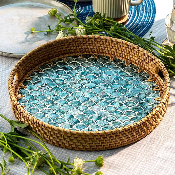 JUNGLE CULTURE Rattan Serving Tray 12" with Mother of Pearl Inlay • Coastal Boho Collection • Handcrafted Woven with Handles for Home • Round Dining Table Tray • Wicker Serving Basket – Cascade