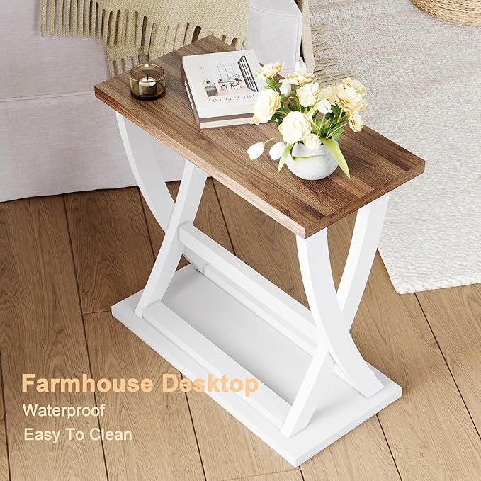 ChooChoo Farmhouse End Table, Narrow Side Table with Storage Shelf, Modern X-Design Slim End Table for Living Room,Bedroom, Small Space, 11.8" D*23.6" W*23.4" D