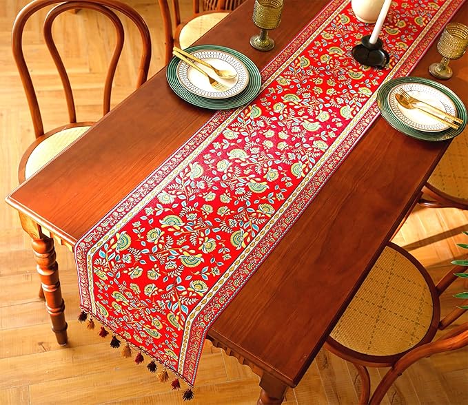 13×72 Inch Table Runner, Retro-Luxury Tassels Series for Kitchen Dining Table Holiday Decoration (Red Branch)