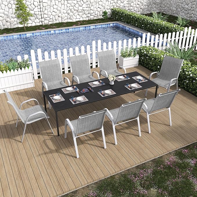 Amopatio Patio Chairs Set of 8, Outdoor Stackable Dining Chairs for All Weather, Comfortable Breathable Garden Outdoor Furniture for Backyard Deck, Grey & White