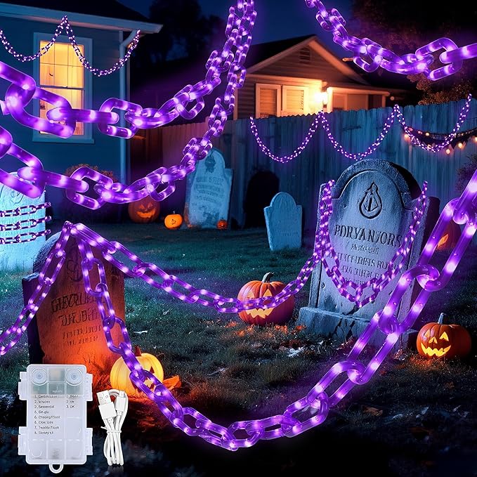 Halloween String Lights,Hopolon 13.7Ft 175LED Halloween Decorations Chain Lights Outdoor/Indoor Plastic Purple Light Battery USB with Waterproof, 8Modes&Timer for Home Garden Patio Porch Spooky Decor