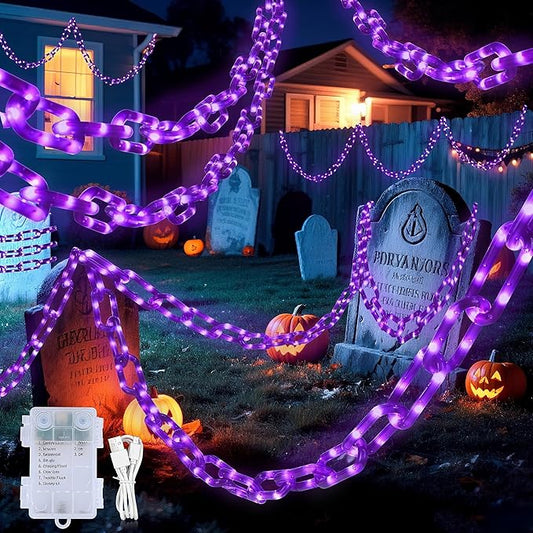 Halloween String Lights,Hopolon 13.7Ft 175LED Halloween Decorations Chain Lights Outdoor/Indoor Plastic Purple Light Battery USB with Waterproof, 8Modes&Timer for Home Garden Patio Porch Spooky Decor