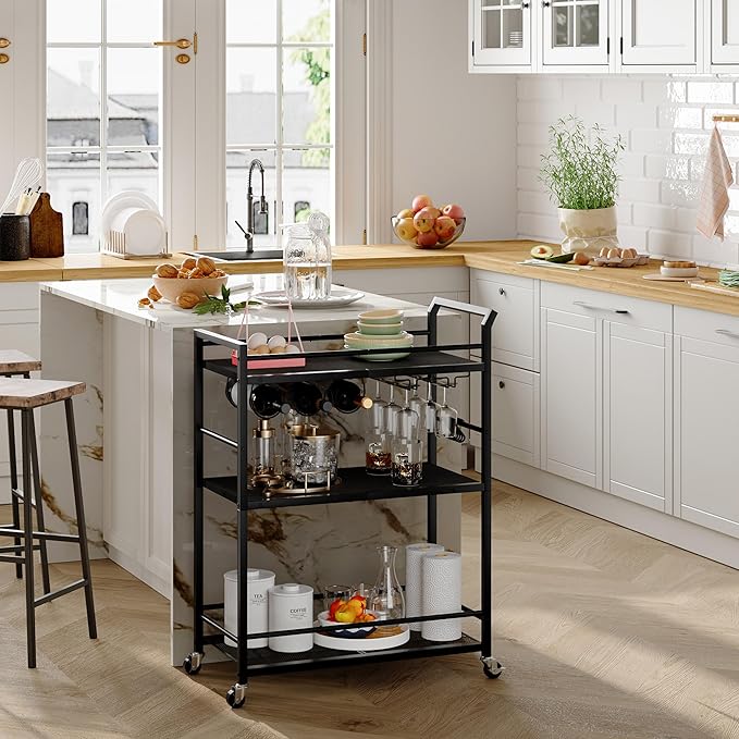 3 Tier Bar Cart, Home Bar Serving Cart with Wheels, Small Rolling Beverage Cart with Glass Holders, Mini Drink Cart with Wine Rack for Kitchen Dining Living Room Black GBC507B