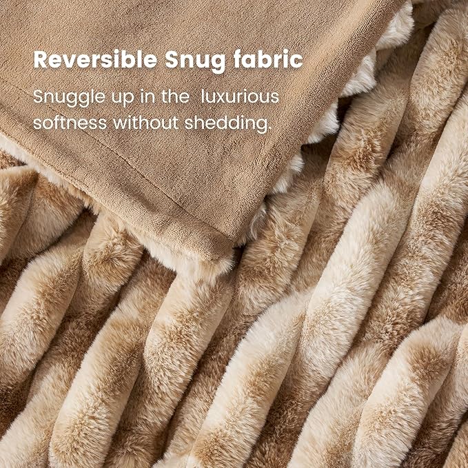 Cozy Bliss Faux Fur Throw Blanket for Couch, Cozy Warm Plush Striped Blanket for Sofa Bedroom Living Room, 108 * 90 Inches Tie-dye Kahki