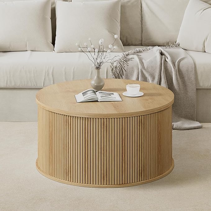 Lift Top Coffee Table, Fluted Round Coffee Table with Storage, Farmhouse Center Dining Table Circle Table for Living Room, Apartment, Home Office (Natural)
