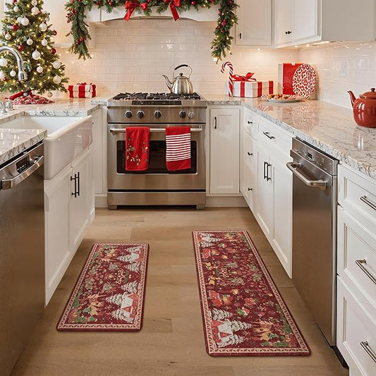 GENIMO Christmas Decorations - Kitchen Mats for Floor, 2PCS Christmas Kitchen Rugs, Cushioned Anti Fatigue Mat for Home Decor, Waterproof Non Slip Standing Mat for Laundry, 17.3"x47"+17.3"x30", Red