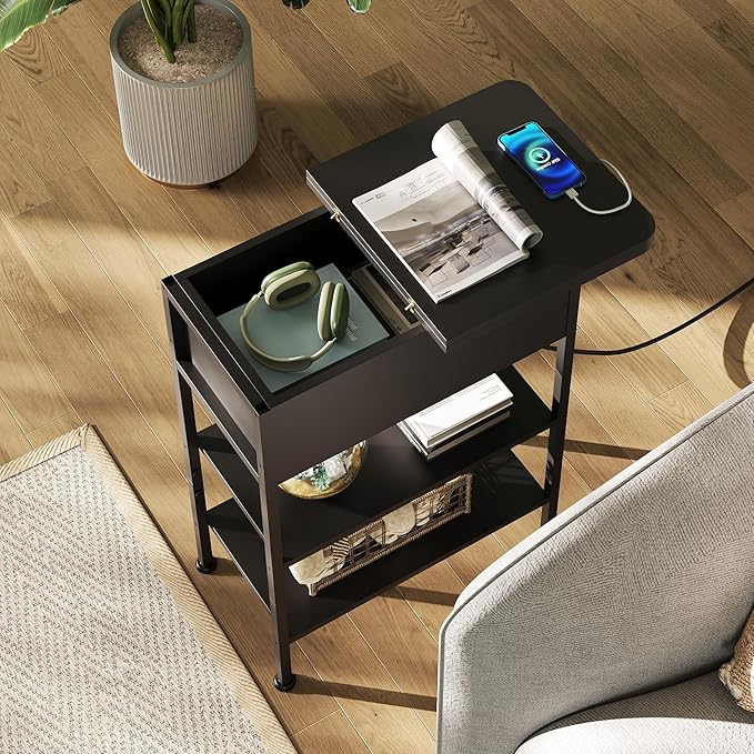 WLIVE End Table with Charging Station, Flip Top Side Table with Storage Shelf, Sofa Couch Table with USB Ports and Outlets, Narrow Bedside Table for Living Room, Bedroom ,11.81"D x 23.62"W x 24.33"H