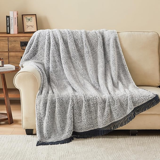 EMME Soft Sherpa Fleece Blanket with Tassel, Reversible Plush Fluffy Large Blanket, Light Weight Warm Decorative Boho Blanket Cover for Sofa, Couch, Bedroom,Travel(Tassel Navy,108"x90")