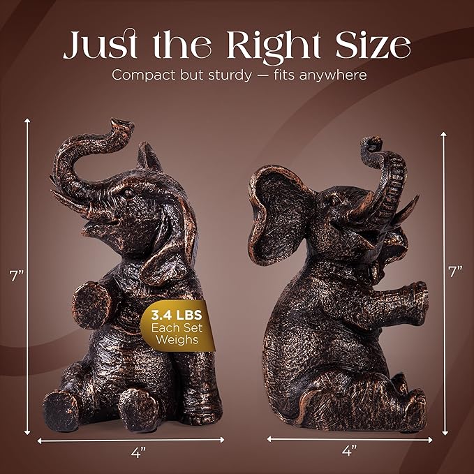 Decorative Vintage Elephant Bookends with Non-Slip Padding for Shelves to Hold Books - Heavy Duty Resin Book Holders for Bookshelf Decor, Home, Office, Living Room – 4” L x 4” W x 7”H