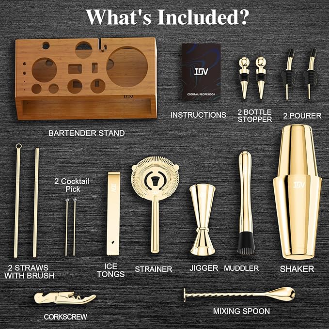 IOV Mixology Bartender Kit Bar Set with Stand | 17-Piece Cocktail Shaker Set | 28oz Boston Shaker Drink Mixer Set with All Essential Accessory Tools | Fun Housewarming Gift (Gold)