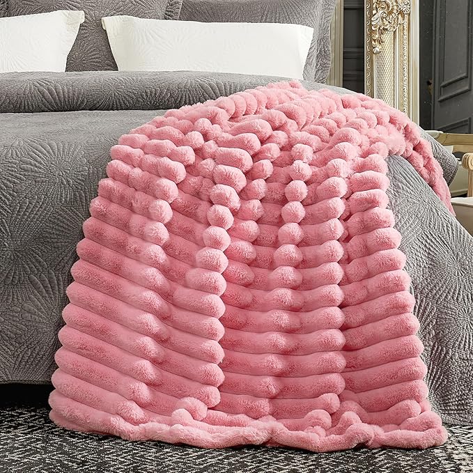 Cozy Bliss Faux Fur Throw Blanket for Couch, Cozy Warm Plush Striped Blanket for Sofa Bedroom Living Room, 60 * 80 Inches Hot Pink