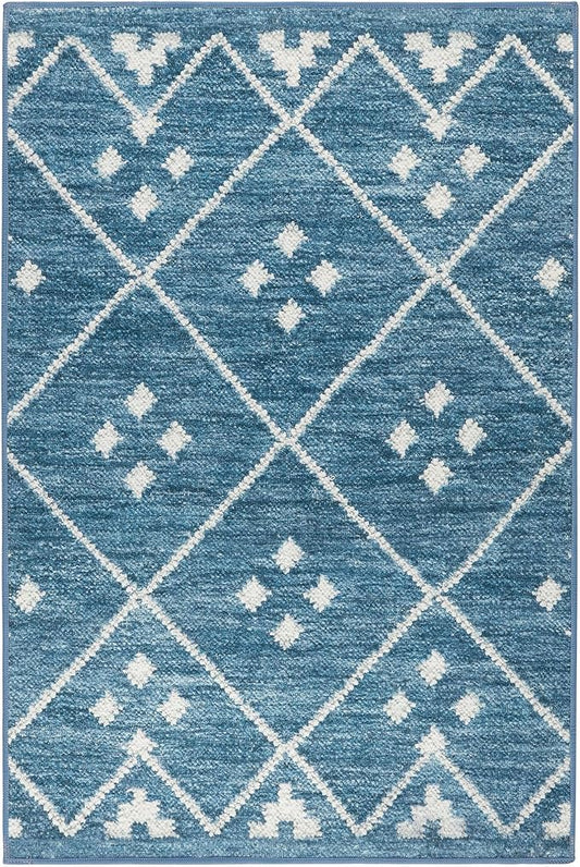 Dash and Albert Kota Machine Washable Area Rug - 6' x 9' Indigo - Diamond Accent Rug - Anti-Slip Backing, Lightweight, Machine Washable, High Traffic Areas Kitchen, Mudroom, Laundry Room
