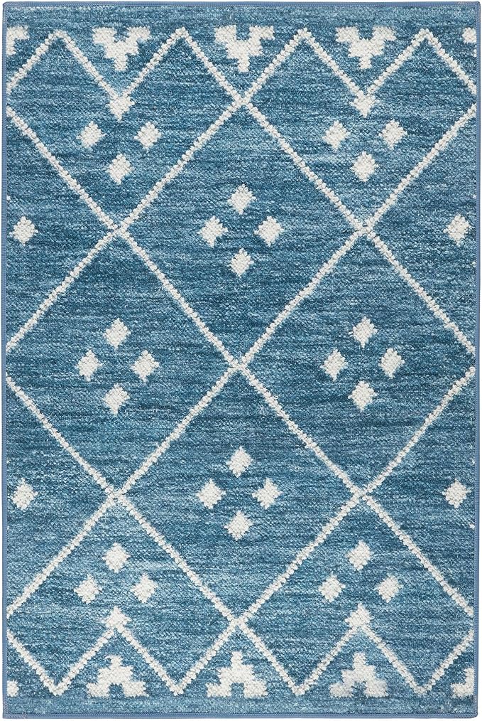 Dash and Albert Kota Machine Washable Area Rug - 5' x 8' Indigo - Diamond Accent Rug - Anti-Slip Backing, Lightweight, Machine Washable, High Traffic Areas Kitchen, Mudroom, Laundry Room