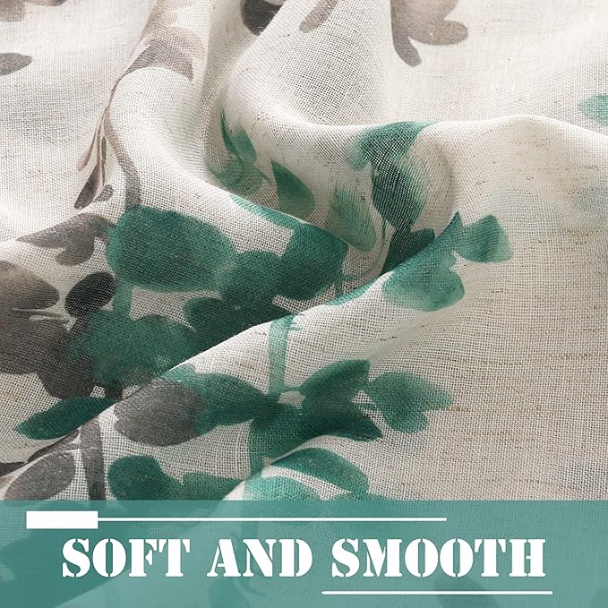 H.VERSAILTEX Linen Sheer Curtains for Living Room Sheer Panels 84 Inches Long Light Filtering Tab Top Window Treatment Drapes for Bedroom, 2 Panels, Vintage Classical Floral Print Turquoise and Taupe
