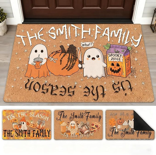 InterestPrint Personalized Halloween Family Doormat with Name Happy Ghost Custom Family Member Welcome Mat, Customized Halloween Door Mat with Name, Dog, Cat, Ghost Family Welcome Doormat
