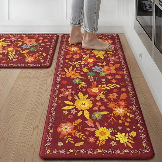 GENIMO Kitchen Mats for Floor 2PCS, Cushioned Kitchen Rugs Non Slip Washable, Farmhouse Anti Fatigue Mat Waterproof, Comfort Standing Mat Rug for Office, Home, Laundry, 17.3"x47"+17.3"x30", Red