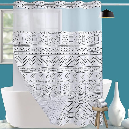 Conbo Mio No Hook Boho Shower Curtain with Snap in Liner Set, Hotel Luxury White Shower Curtains for Bathroom with See Through Top Window, Waterproof, Washable 71W x 74H