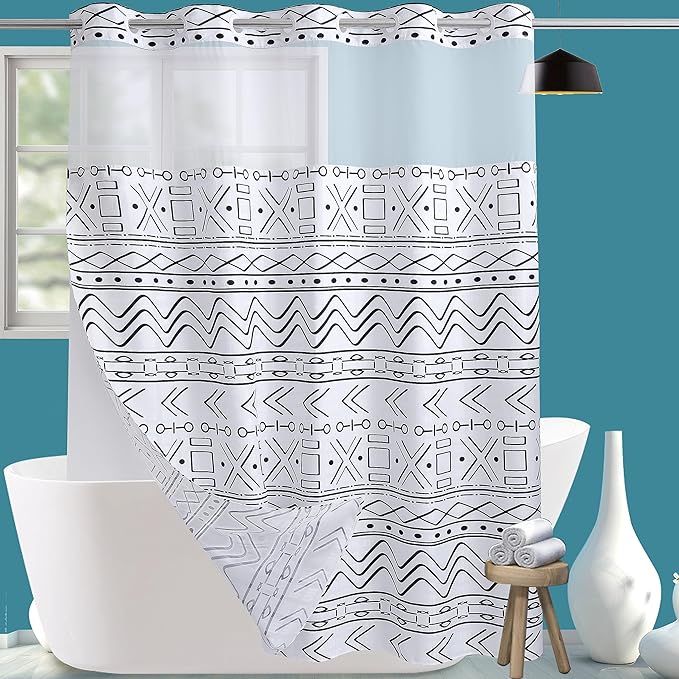 Extra Long No Hook Boho Shower Curtain with Snap in Liner Set, Hotel Luxury White Shower Curtains for Bathroom with See Through Top Window, Waterproof, Washable 71W x 84H