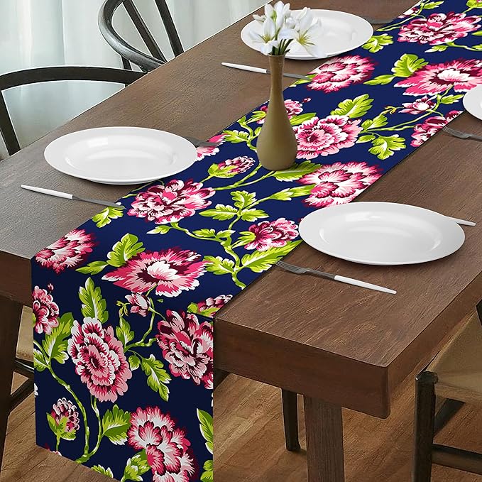 Decozen Table Runner - Japanese Print Floral Design Perfect for Kitchen Dining Room Home Decor Console Table Farmhouse - Navy Blue