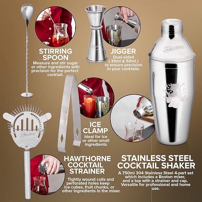 5 pc. Cocktail Shaker Bar Set by Tom Bullock's, The Original Tastemaker: 25 oz Stainless Steel Shaker, Double Measuring Jigger, Stirrer/Mixer Spoon, Strainer and Ice Tongs. Become The Ideal Bartender!