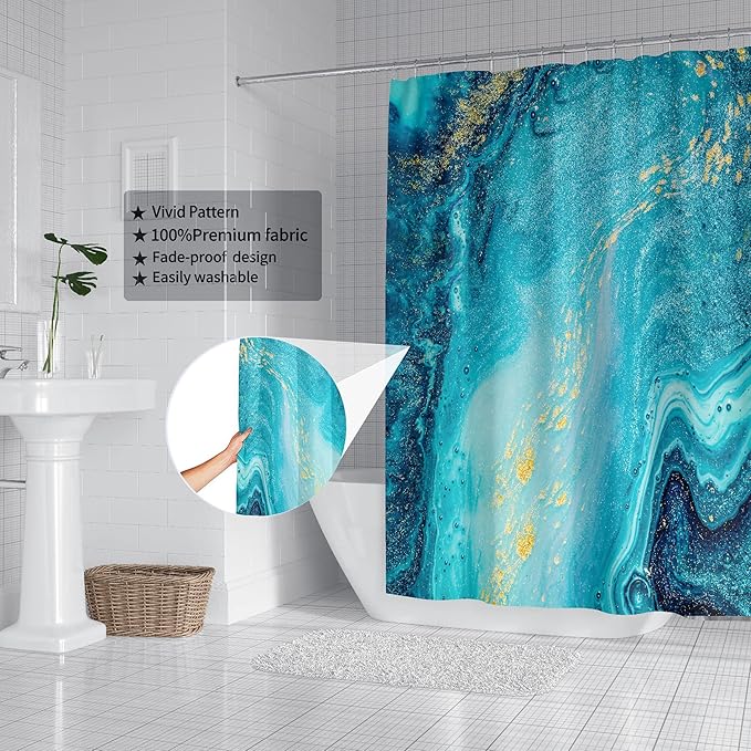 Domoku Blue Gold Marble Shower Curtain, Golden Cracked Lines Abstract Modern for Bathroom Decor, Waterproof Texture Washable Fabric, 72 X 72