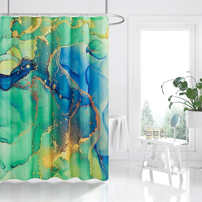 Marble Shower Curtain, Green Marble Shower Curtain Set with 12 Hooks, Colourful Abstract Gold Teal Marble Shower Curtains for Bathroom, Waterproof Fabric, 72" W X 72" L