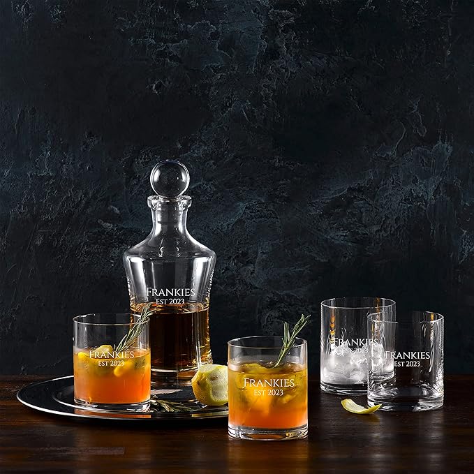 Waterford Marquis Personalized Moments Double Old Fashioned Glasses, Set of 4 Custom Engraved Crystal Whiskey/Rocks Glasses for Bourbon, Scotch, Liquor, Home Bar Accessories