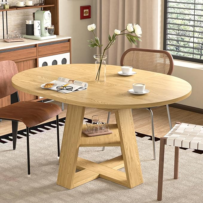43.3in-59in Extendable Round Dining Table for 4-8,Modern Kitchen Oval Dining Table with Removable Leaves Space Saving,Wood Base with Storage Shelf for Kitchen Living Room (Wood Color)