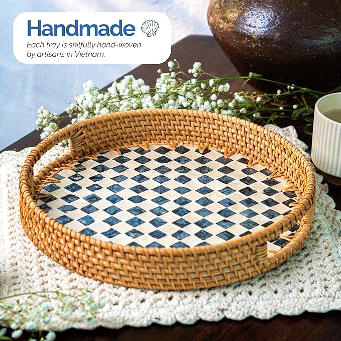 JUNGLE CULTURE Rattan Serving Tray 12" with Mother of Pearl Inlay • Coastal Boho Collection • Handcrafted Woven with Handles for Home • Round Dining Table Tray • Wicker Serving Basket – Drift