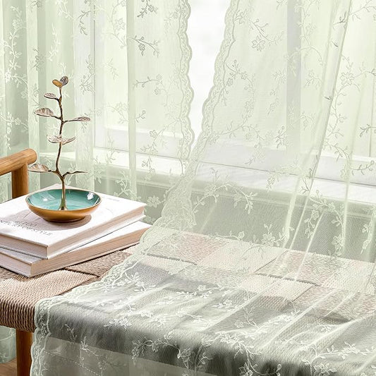 Sheer Lace Curtains 84 Inches Long, Vintage Floral Light Filtering Sage Green Lace Curtains for Living Room & Bedroom, Rod Pocket, 2 Panels Set, Branch Pattern (Sage Green, 52" W x 84" L)