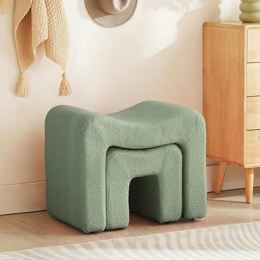 Ottoman Set of 2 Vanity Stool Chair Seating Backless Modern Foot Rest Teddy Velvet Small Footstool Ottoman for Makeup Room Living Room Bedroom Entryway,(2-in-1) Green