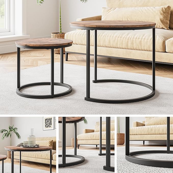 HOJINLINERO Round Coffee Table Set of 2 for Living Room,Black Small Coffee Table Living Room Table,Nesting Tables Metal Frame/Wood,Sturdy/Easy Assembly,Stacking Side Tables Bedroom,Rustic Brown