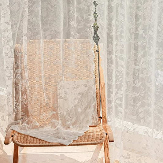 Beige Lace Sheer Curtains – Vintage Leaves Pattern Lace Curtains for Living Room/Bedroom, Light Filtering Modern Privacy Light Filtering Rod Pocket Window Drapes, 52W x 63L Inch, 2 Panels