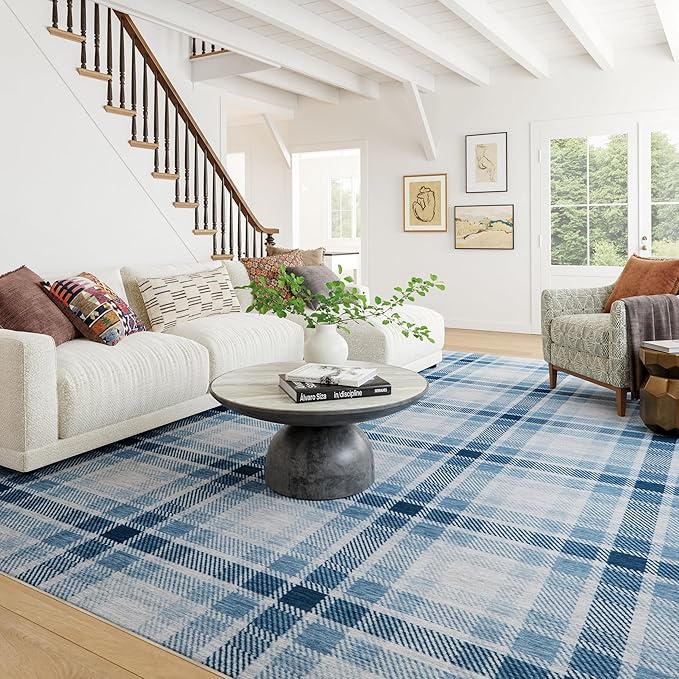 Dash & Albert Andri Plaid Blue Machine Washable Rug, 9.5 X 13.5 Feet, Blue/White Plaid Pattern