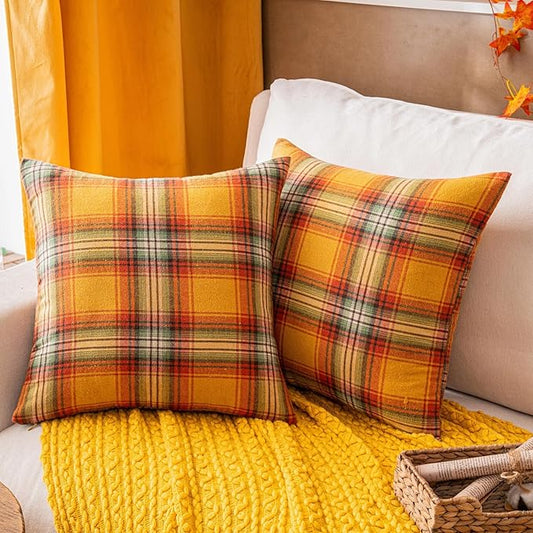 AQOTHES Fall Plaid Yellow Throw Pillow Covers 22x22 Inch, Set of 2 Autumn Decorative Throw Pillows for Couch Sofa Bed Living Room Home Decor, Accent Pillow Cases for Farmhouse Couch Cushion Covers