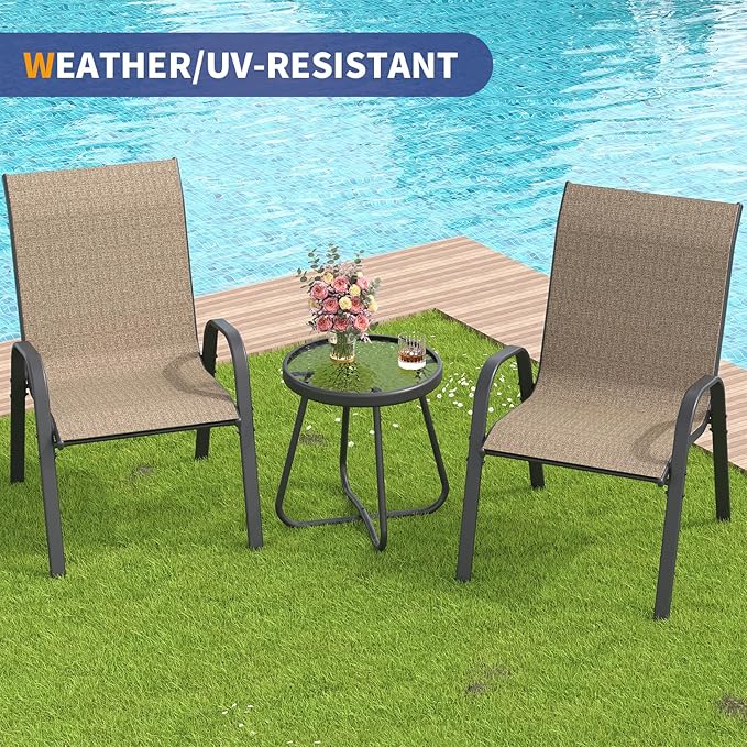 Amopatio 3 Piece Patio Set, Outdoor Stackable Dinging Chairs for All Weather, Breathable Garden Outdoor Furniture for Backyard Deck, Brown