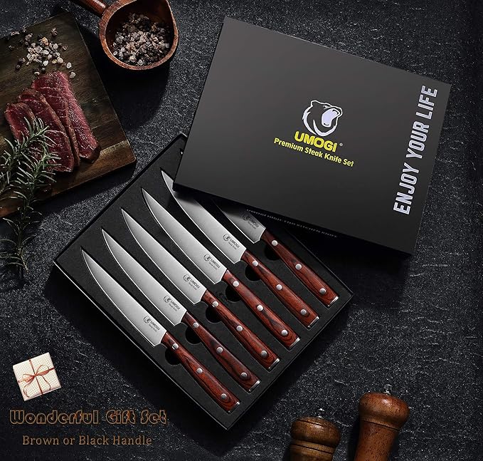 Premium Steak Knives Set of 6 in Gift Box - Polished Wood Handle, HC German Stainless Steel, Straight Edge Non Serrated - 4.8''Dinner Knife, Kitchen Tableware Knives Cutlery Set
