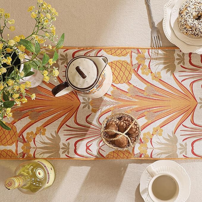 patdrea Designer Tropical Linen Table Runner 87 Inch Long, Yellow Vintage Elegant with Pineapple Pattern Table Mat,Decoration for Kitchen Dining Coffee Table Cover Banquet Christmas , 12"*87"
