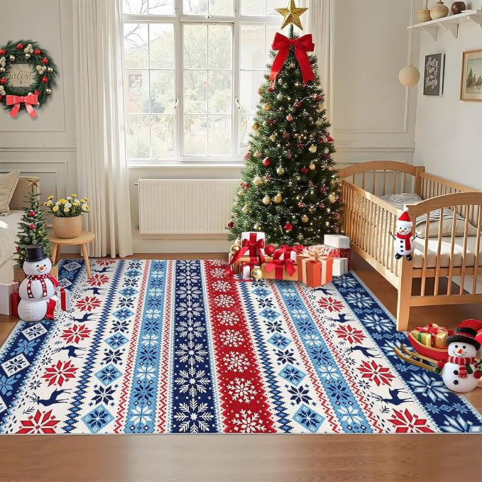 Christmas Area Rug 3x5 for Bedroom Living Room Non Slip Xmas Boho Dining Room Throw Carpet Festival Christmas Tree Pattern Small Area Rugs Holiday Decor Indoor Rugs for Kitchen Nursery Entry, Blue