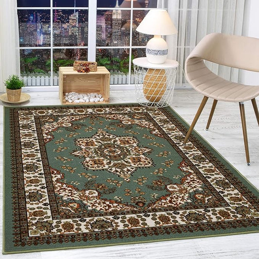Antep Rugs Alfombras Oriental Traditional 5x7 Non-Skid (Non-Slip) Low Profile Pile Rubber Backing Indoor Area Rugs (Green, 5' x 7')