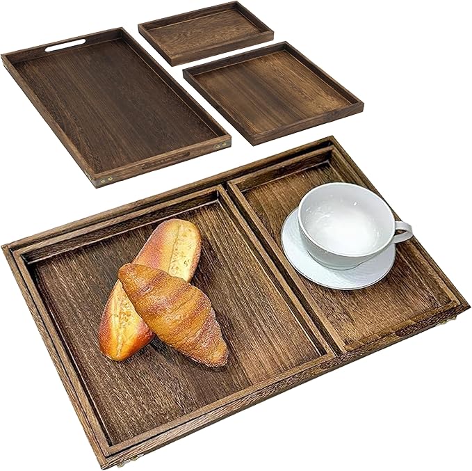 Rustic Wooden Serving Trays with Handle, Serving Platters, Charcuterie Board Set of 3 Nesting Food Trays for Serving Food, Home Decor/Breakfast/Coffee Table/Butler/Ottoman/Bed Tray