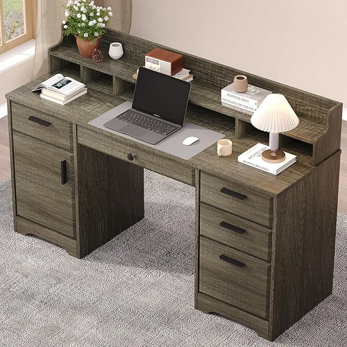 58 Inch Executive Desk with 5 Drawers, Wood Office Desk with File Cabinet, Wood Computer Desk with Hutch, Home Office Desk with File Drawers for Bedroom, Wash Grey