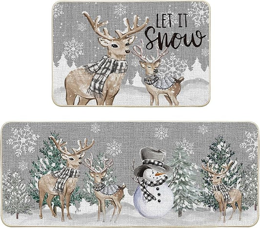 Artoid Mode Deer Tree Let It Sonw Snowflakes Christmas Kitchen Mats Set of 2, Winter Decor Low-Profile Kitchen Rugs for Floor - 24x35 and 24x59 Inch