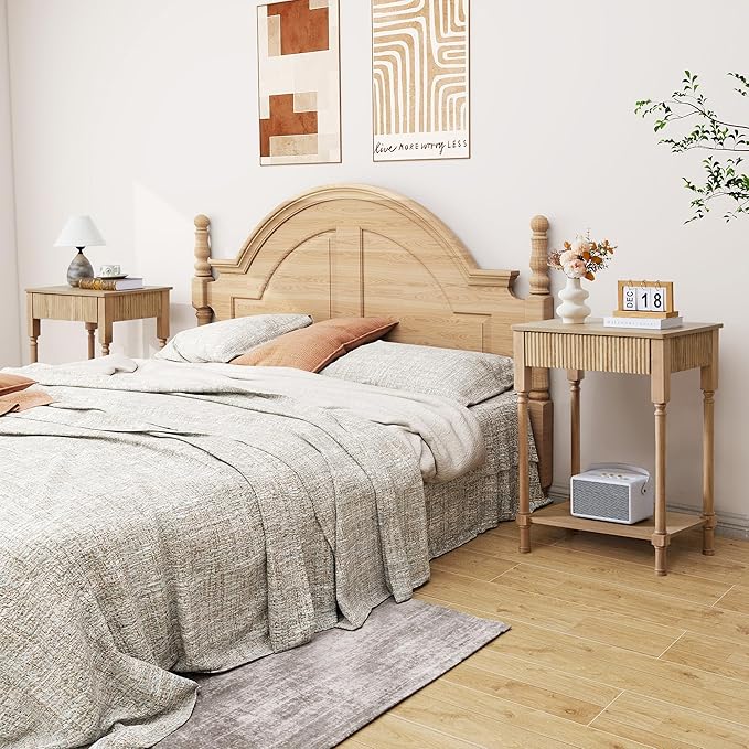 23.6” Large End Table with Charging Station, Set of 2, Modern Farmhouse Side Table Sofa Tables with Fluted Drawer, Wooden Bedside Table Night Stand for Bedroom Living Room Home Office,Natural