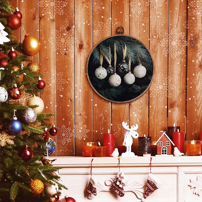Hxlac Vintage Christmas Bauble Ball Round Wall Art Framed, Dark Rustic Winter Round Wall Decor, Cottagecore Winter Hanging Canvas Prints Wall Sculptures for Home Bedroom Living Room Decor, 10x10 Inch