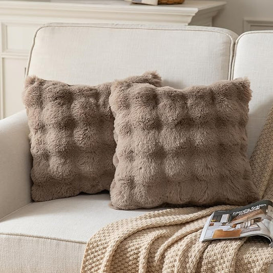 Pack of 2 Thick Plush Throw Pillow Covers Fluffy Wave Faux Fur Decorative Cushion Covers Soft Wool Pillowcase for Sofa Couch Livingroom 24x24 Inch Taupe